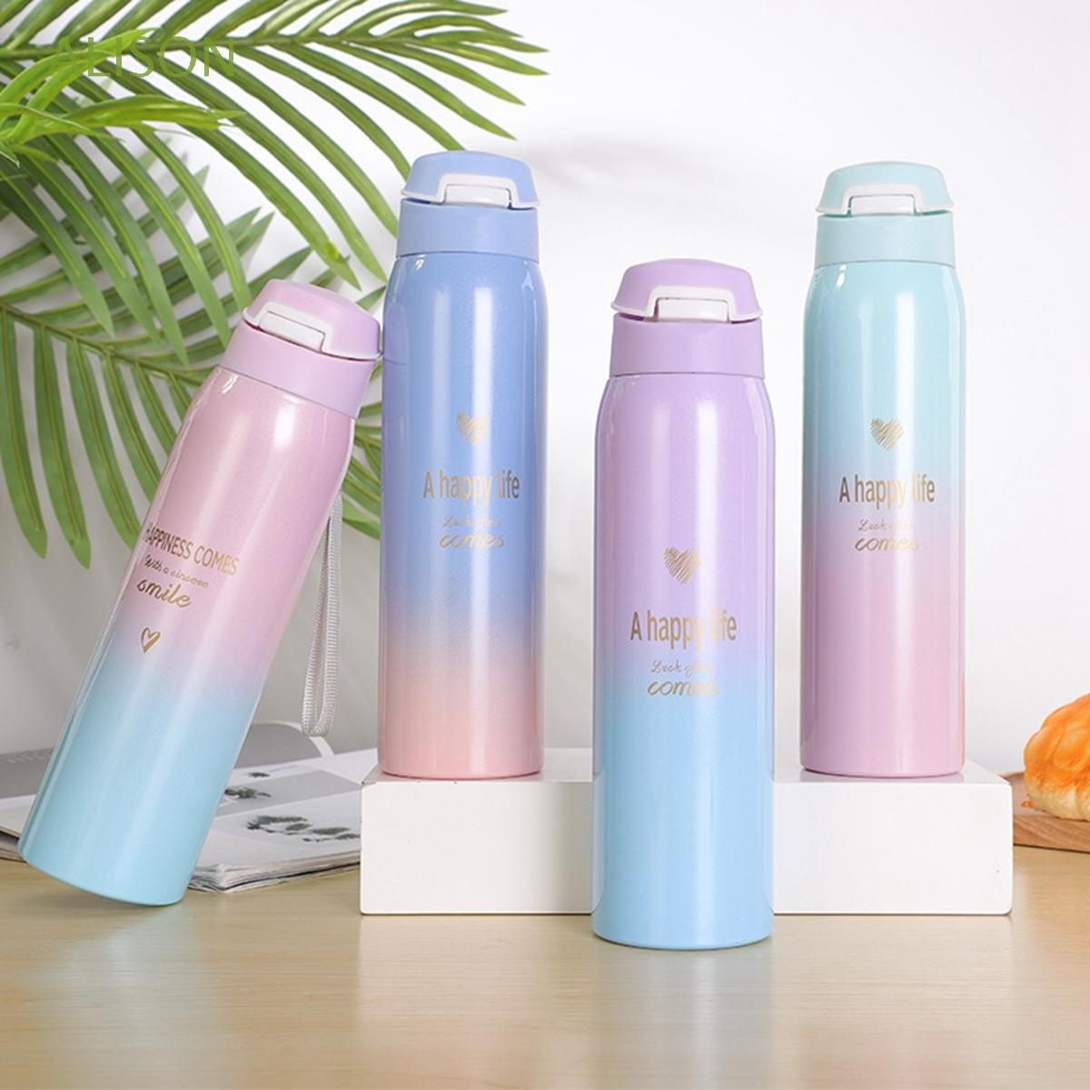 ALISON 480ml Thermos Cup Tea Milk Coffee Travel Tumbler Vacuum Flask Gradient Color with Straw Stainless Steel Colorful Mug Insulated Water Bottle/Multicolor