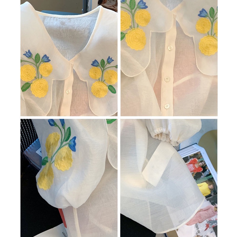 Áo lưới Pure Cube tay phồng ngắn cổ búp bê thêu họa tiết ngọt ngào thời trang mùa hè hàng mới dành cho