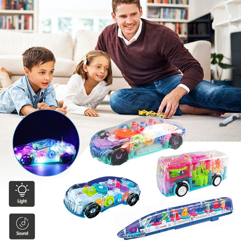 Gift Plastic Electric Transparent Gear Led Light Music Car Model Kids Educational Toy