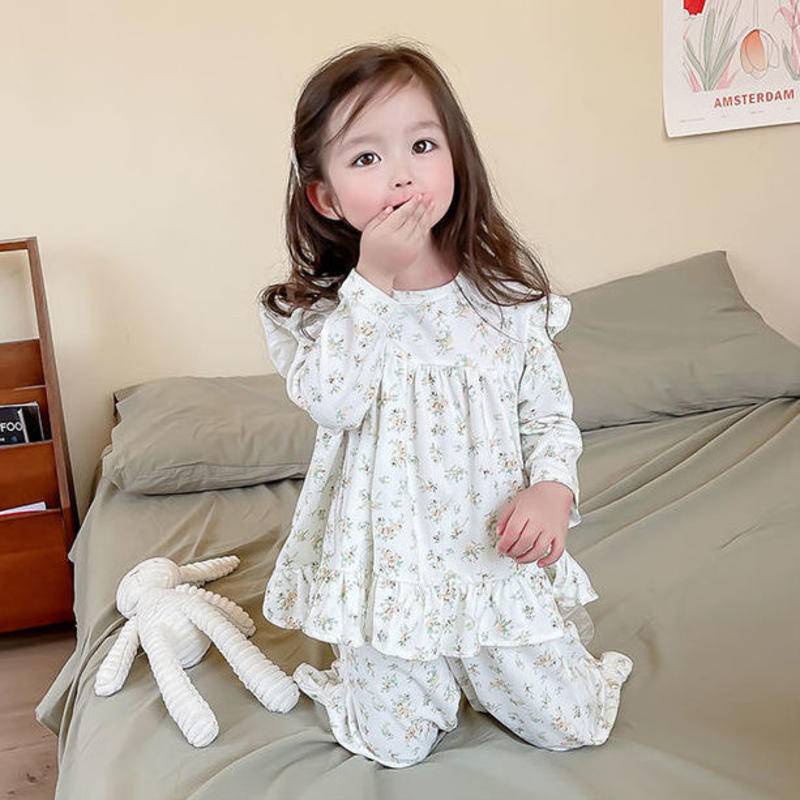 Bộ Đồ Ngủ Cotton Tay Dài Thoải Mái Phong Cách Công Chúa Hàn Quốc Cho Bé Gái