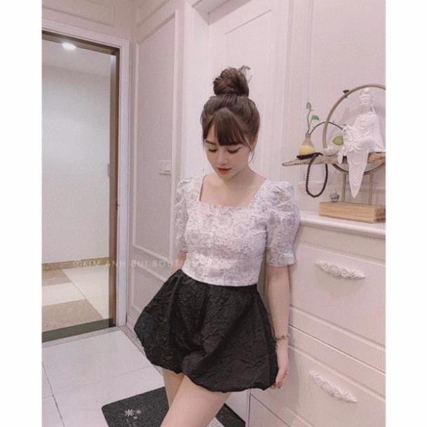 BỘ ÁO HOA NỔI CỔ VUÔNG MIX QUẦN ĐÙI PHỒNG CỰC XINH
