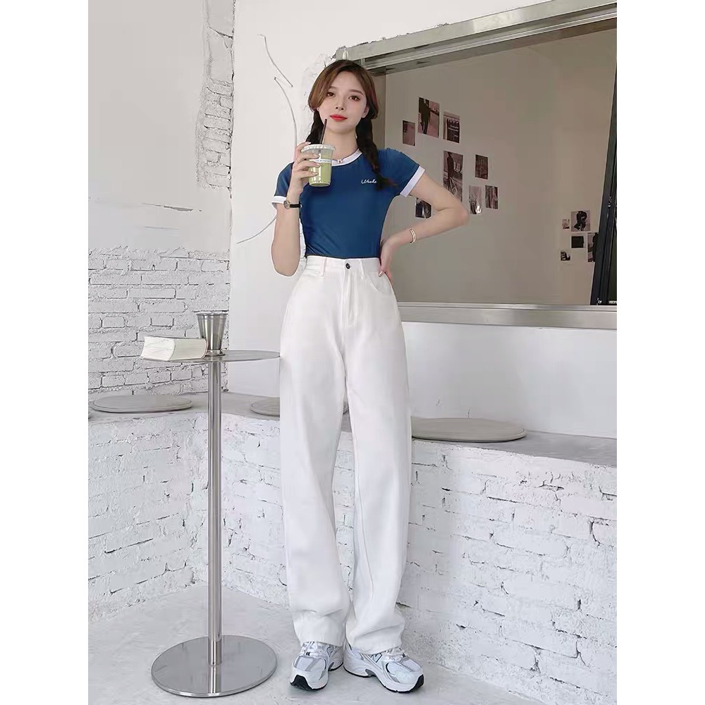 Quần jean nữ cạp cao ống thẳng rộng cho nữ