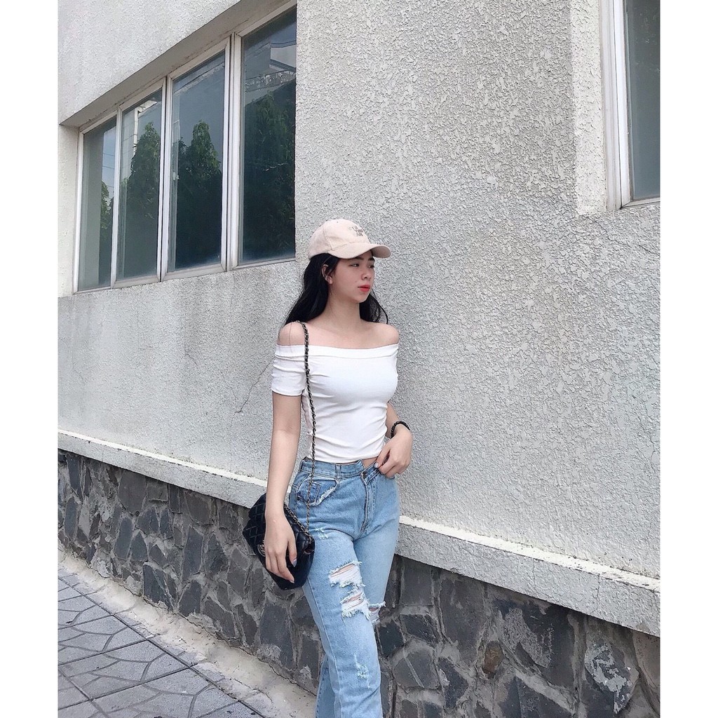 ÁO THUN BODY CROPTOP BẸT VAI DÁNG ÔM, ÁO THUN CROPTOP TRỄ VAI