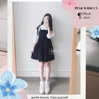 Đầm yếm đen xoè nơ vai + sơ mi trắng cổ trụ