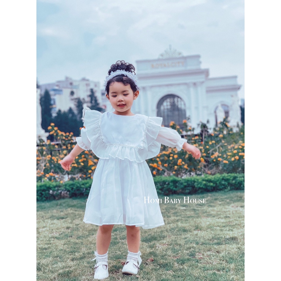 Đầm công chúa HOMI BABY HOUSE váy bé gái công chúa bèo cổ vuông trắng/hồng