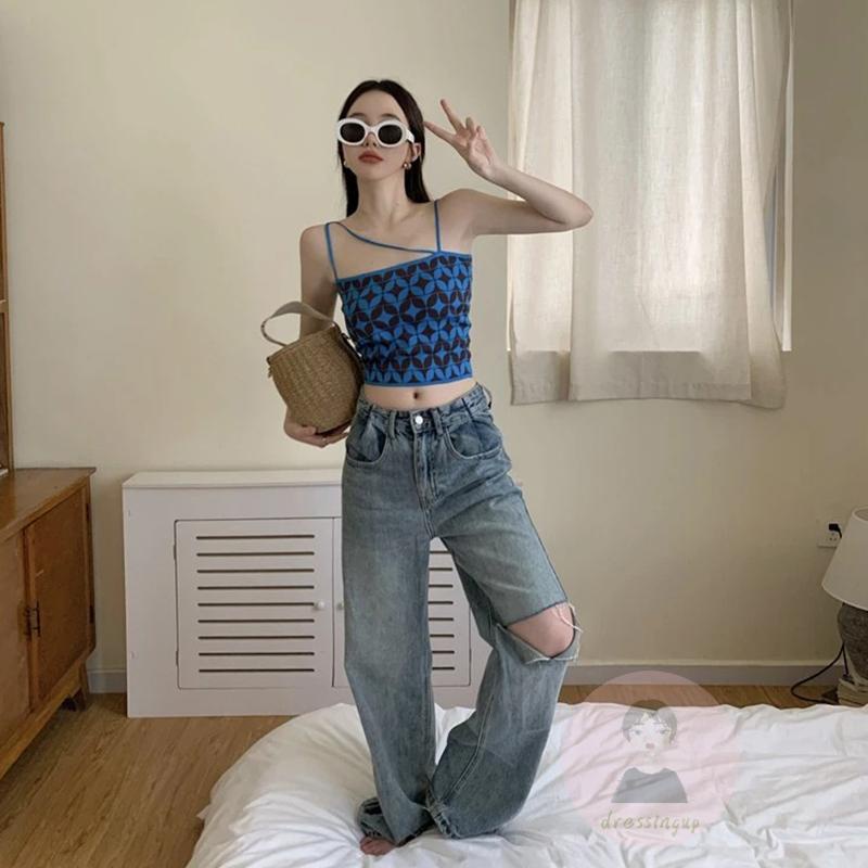 Áo Hai Dây Dệt Kim Họa Tiết Hình Học Màu Tương Phản Cho Nữ