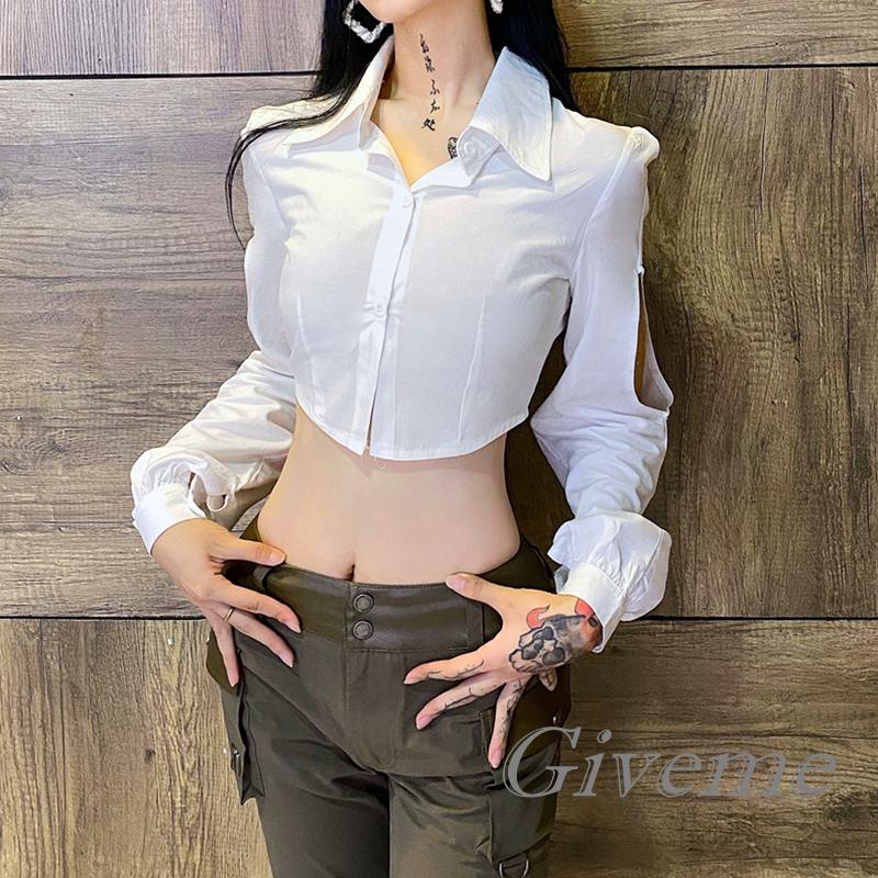 Áo Croptop Tay Dài Cổ Bẻ Màu Trơn Thời Trang Cho Nữ