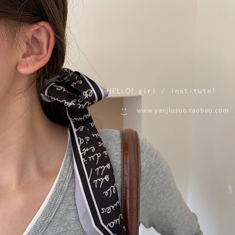 Khăn Choàng Cổ Dài Bằng Lụa Mỏng Họa Tiết Kẻ Sọc Thắt Nơ Dễ Phối Đồ Trang Trí Túi Xách Phong Cách Hàn Quốc