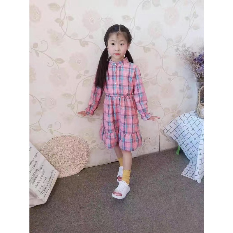 Váy đầm xoè dài tay hoạ tiết caro cho bé gái  Cao 110-160cm, nặng 14-40kg) N00978