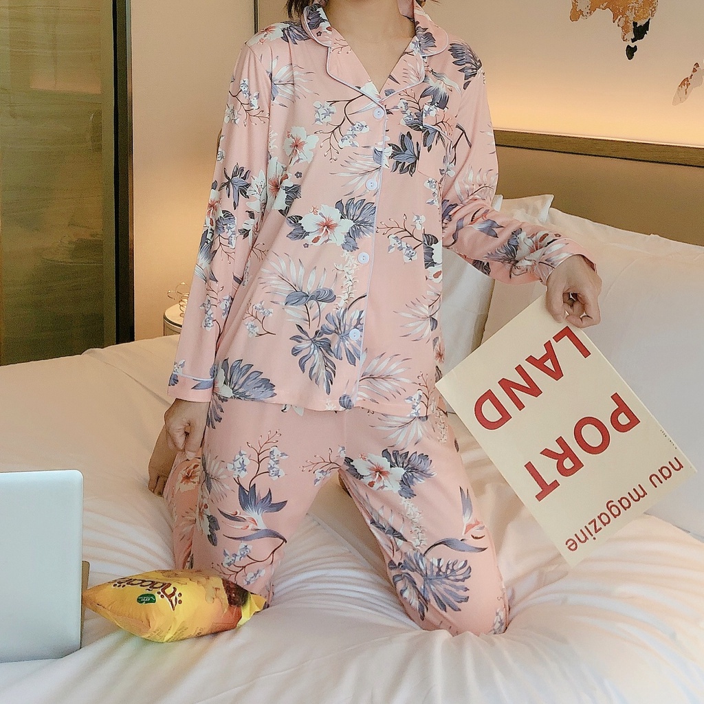 Bộ Đồ Ngủ Dài Tay In Họa Tiết Phong Cách Hàn Quốc Dành Cho Nữ