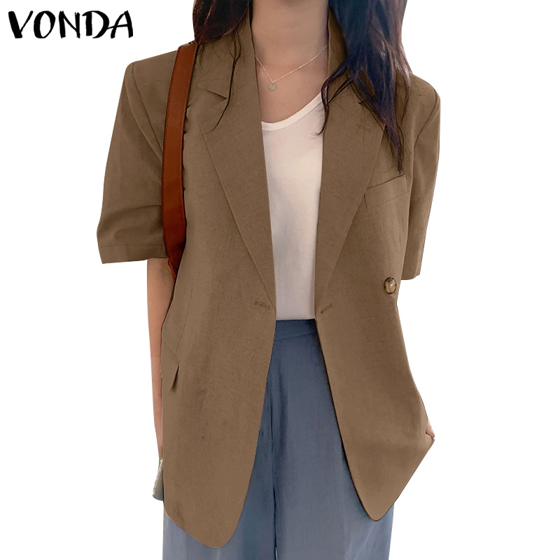 Áo khoác blazer VONDA ngắn tay màu trơn có túi đính nút phong cách Hàn Quốc cho nữ