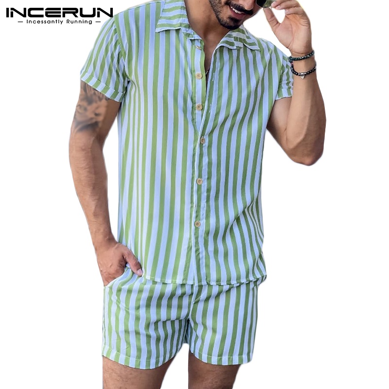 Set áo sơ mi tay ngắn kẻ sọc + quần short INCERUN thời trang cao cấp cho nam