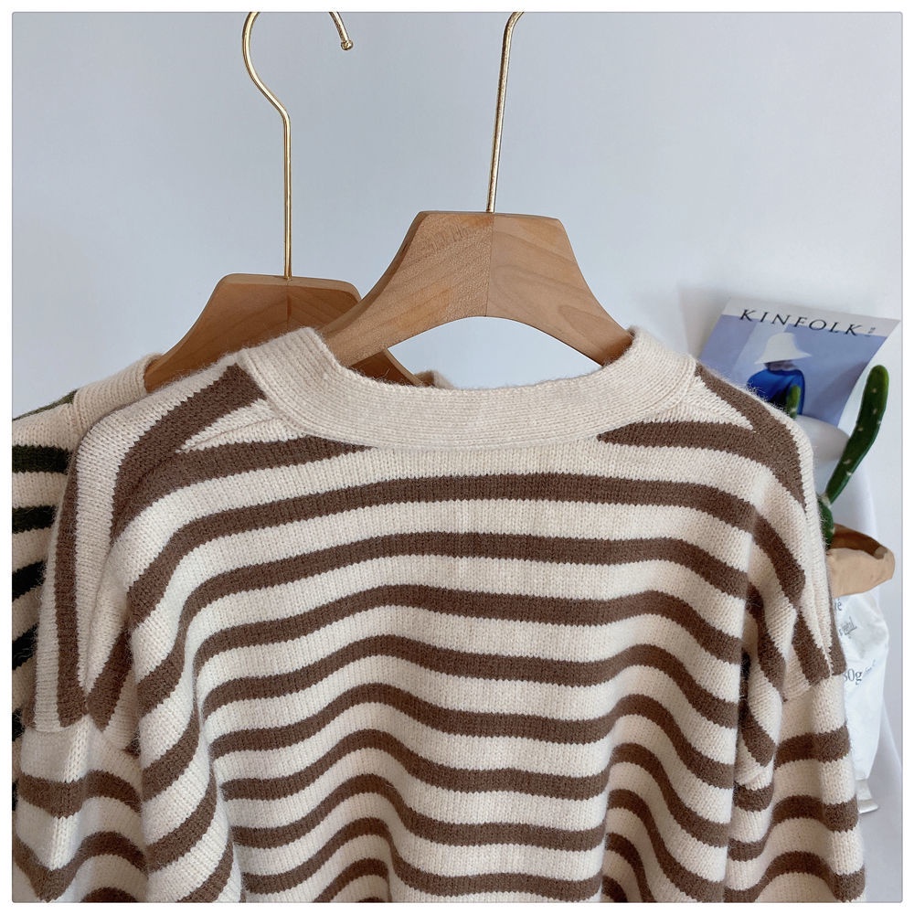 Áo Khoác Cardigan Len Dệt Kim Cổ Chữ V Dáng Rộng Mềm Mại Họa Tiết Kẻ Sọc Phong Cách Hàn Quốc Dành Cho Nữ