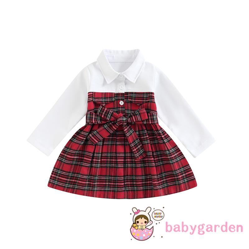 Đầm Chữ A Tay Dài Cổ Bẻ In Họa Tiết Caro Phối Thắt Lưng Thời Trang Mùa Xuân Cho Bé Gái 6 Tháng-5 Tuổi