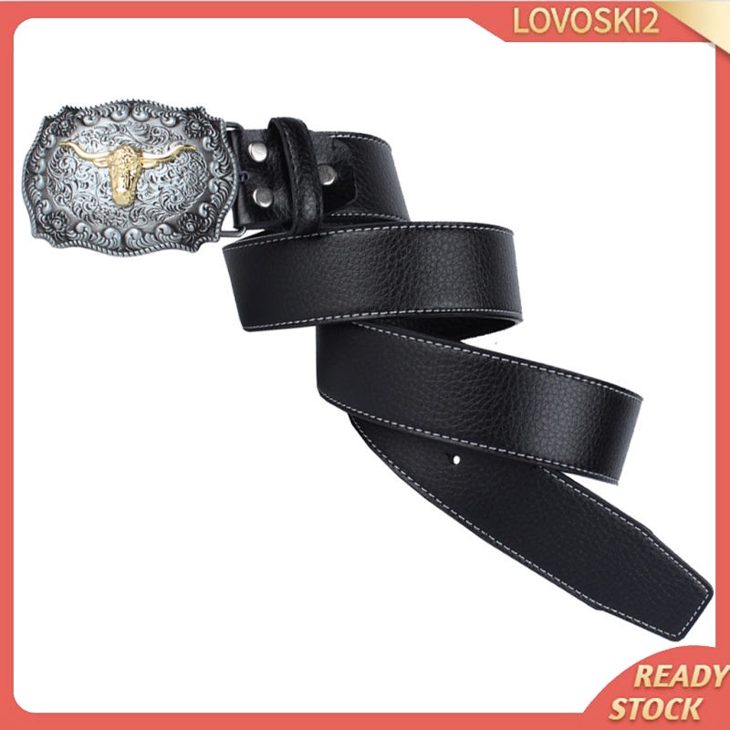 Mens Western Cowboy Leather Belt Waistband Arabesque Cow Head Buckle Black