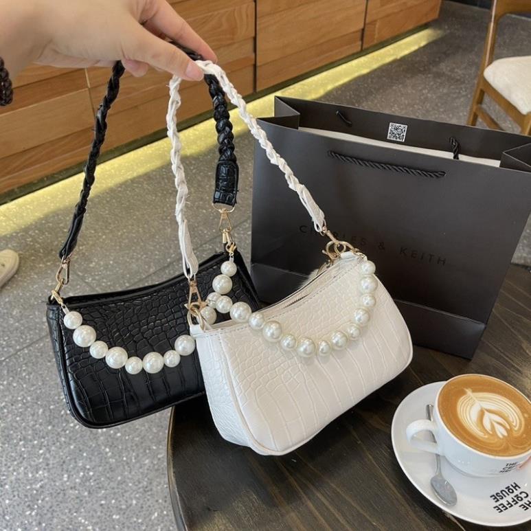Túi Kẹp Nách Quai Tết, Túi Xách Đeo Chéo Nữ Đẹp Da Vân Phối Dây Ngọc Tiểu Thư