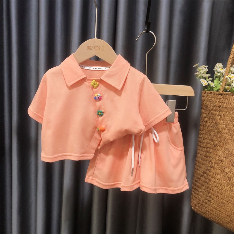 Set Áo polo Tay Ngắn Màu Trơn + Quần Short Thời Trang Mùa Hè Hàn Quốc 2023 Mới Cho Bé Gái