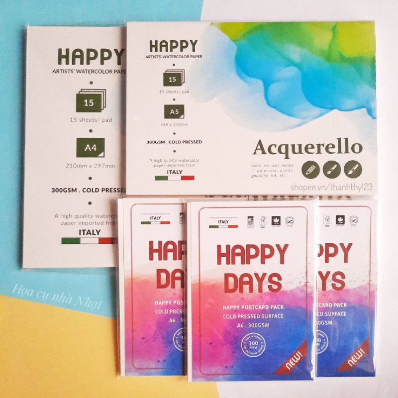 [RẺ NHẤT] Giấy vẽ màu nước Happy A6/A5/A4 300gsm