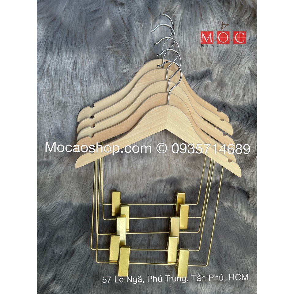 1 Móc gỗ mộc treo bộ người lớn, trẻ em kẹp vàng kim, kẹp bạc