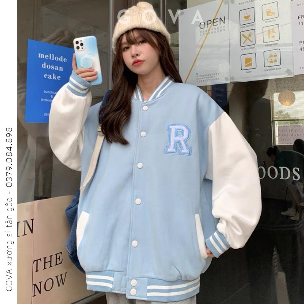 Áo Bomber nỉ CHỮ R Ulzzang form rộng Unisex áo khoác nỉ bông GOVA
