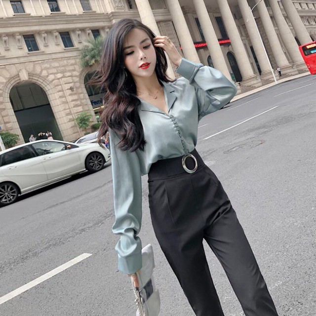 [ORDER] Set công sở thanh lịch áo phi và quần thắt lưng tròn