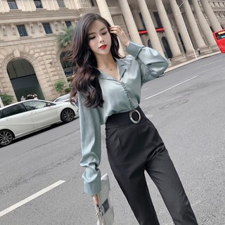 Set công sở thanh lịch áo phi và quần thắt lưng tròn