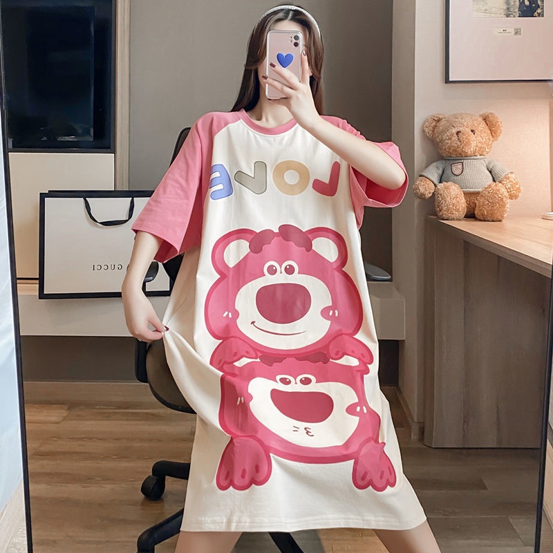 Đầm Ngủ Ngắn Tay Dáng Rộng Họa Tiết Gấu Hoạt Hình Xinh Xắn 100kg