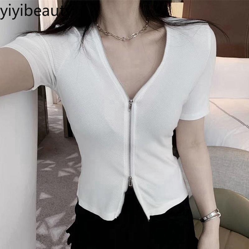 Áo thun lửng ngắn tay kéo khóa thời trang cho nữ | BigBuy360 - bigbuy360.vn