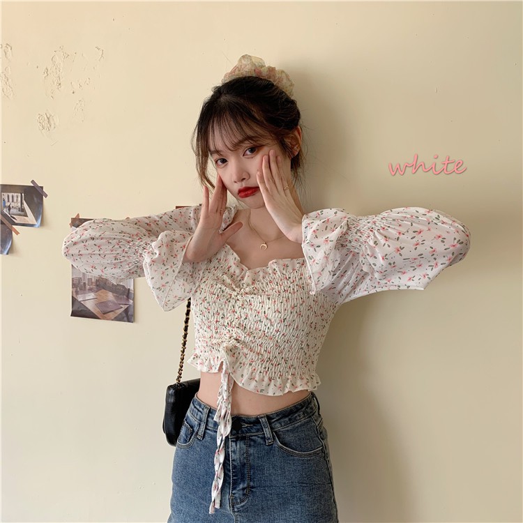 Áo voan Croptop dây rút hoa nhí HOT HIT siêu đẹp, siêu xinh | BigBuy360 - bigbuy360.vn