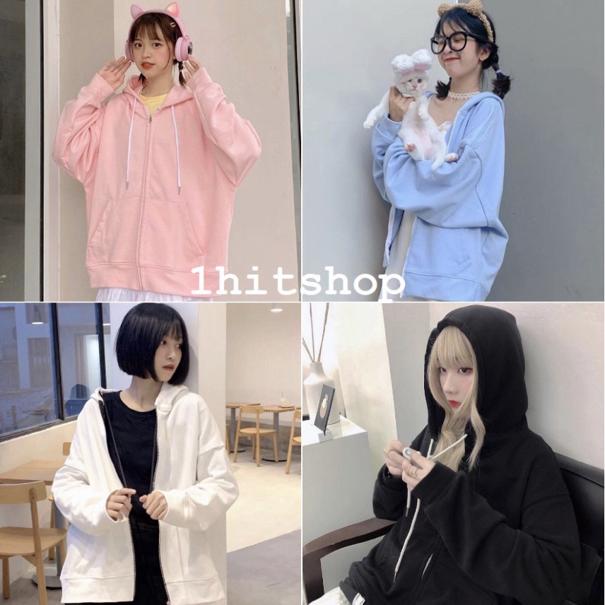 Áo khoác nỉ  trơn Basic Hoodie nam nữ form rộng tay bồng khóa kéo có mũ Ulzzang giá rẻ màu đen, trắng, hồng, xám K076 | BigBuy360 - bigbuy360.vn