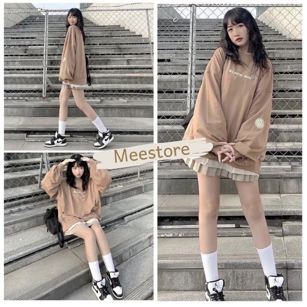 Áo Nỉ Black Air Mee nữ - Sweater tay bồng dáng rộng nỉ bông. thun dài tay thêu chữ phong cách Hàn Quốc