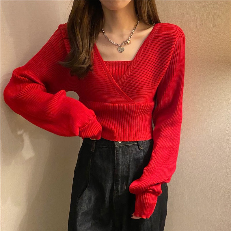 Áo sweater Dệt Kim Cổ Vuông Giả Hai Lớp Thời Trang Trẻ Trung Cho Nữ