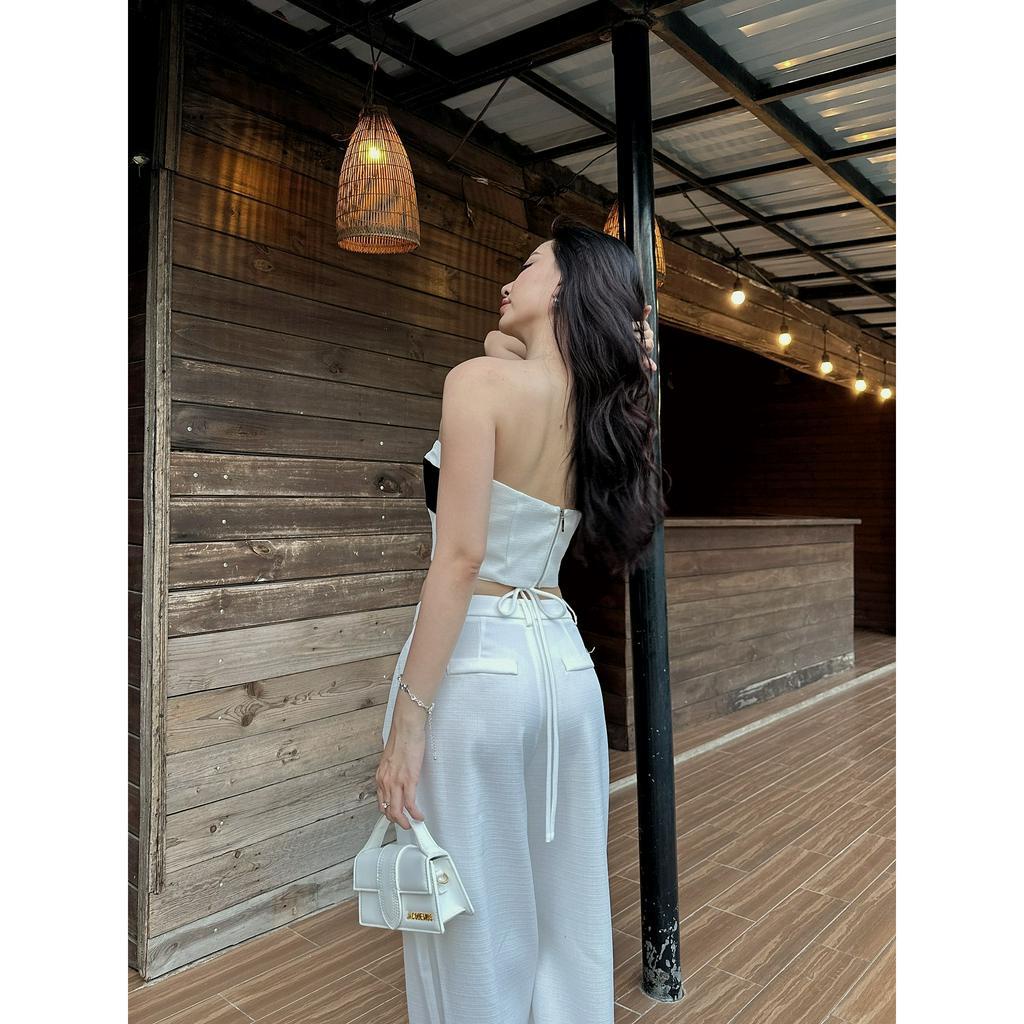 Set Linen Áo Quây Croptop Cúp Ngực Dây Choàng + Quần Suông LSEOUL B23041303 Sang Trọng Gợi Cảm