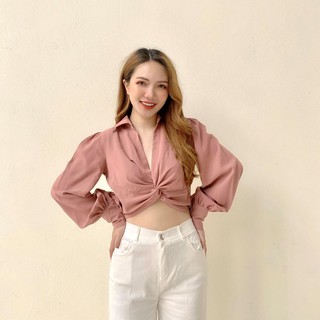 Áo sơ mi croptop xoắn eo