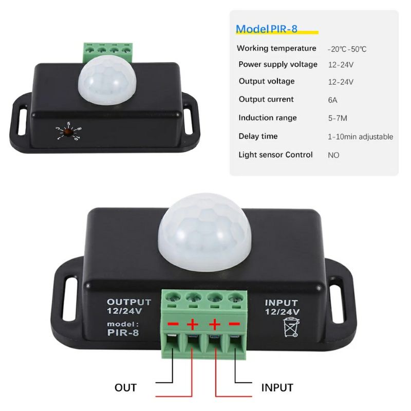 Công tắc cảm biến chuyển động IR 12V - 24V 8A cho đèn LED, quạt thông gió