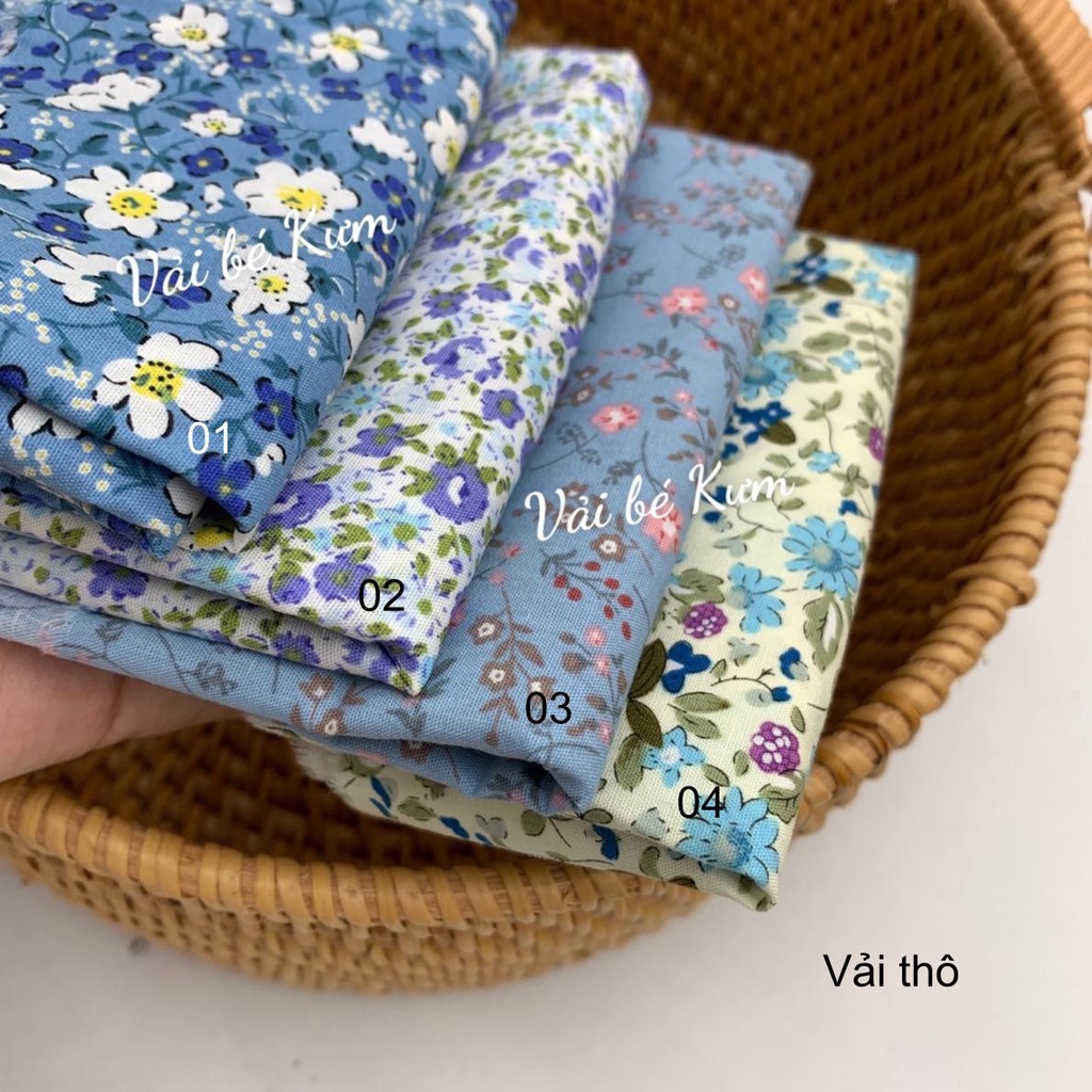 Vải thô cotton mềm mát tone xanh may áo váy, handmade phụ kiện