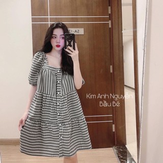 Váy bbd kẻ khuy tay bồng