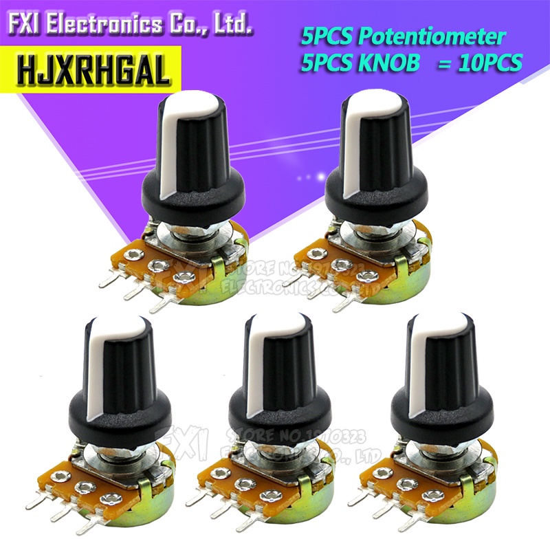 Bộ 5 Chiết Áp WH148 1K 10K 20K 50K 100K 500K Ohm 15mm Kèm Nắp Trắng 3 Chấu Cho Arduino