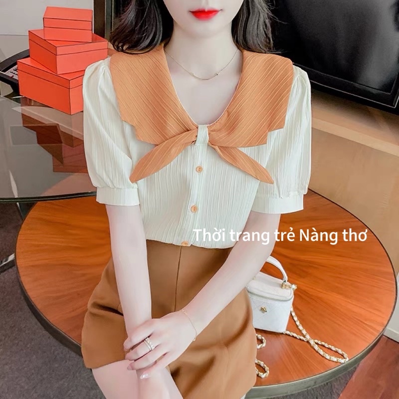 Áo sơ mi phối cổ vải xốp gân siêu dễ thương