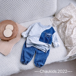 Bộ da cá phối jean 1 bên bé trai