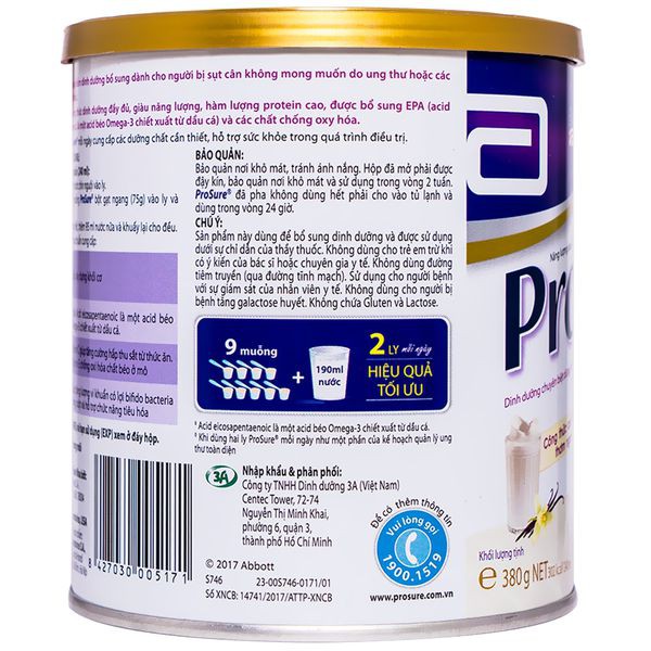 Sữa bột Abbott Prosure 380g hương vani dành cho người ung thư - Hàng chính hãng date mới nhất