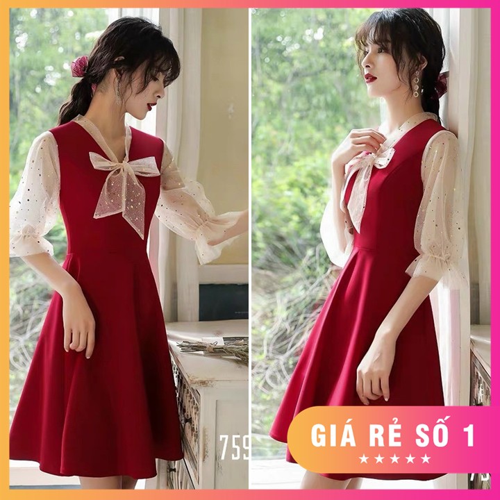 Đầm xòe nơ cổ chất đẹp phù hợp dự tiệc, diện Tết đủ size S,M,L,XL,XXL - 75910