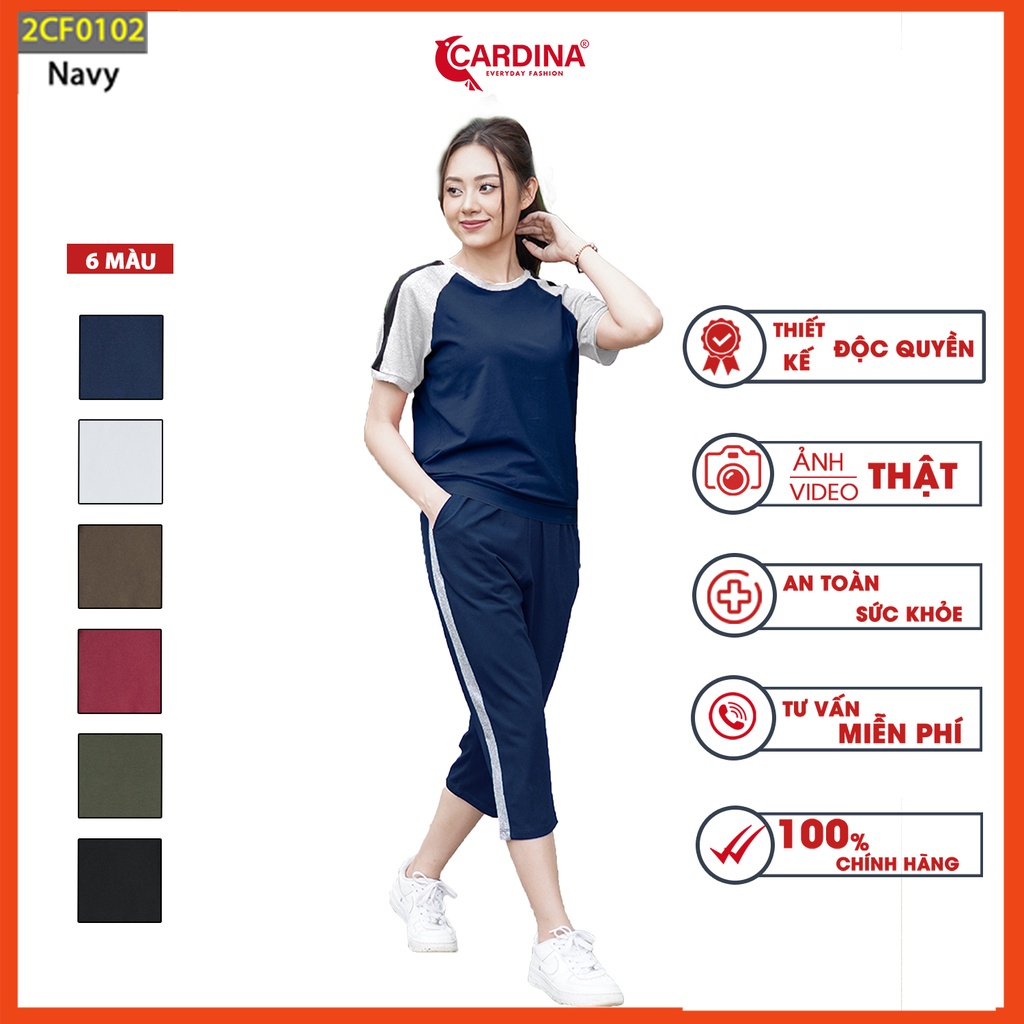 Đồ bộ nữ CARDINA chất cotton cao cấp kiểu dáng thể thao bộ mặc nhà áo cộc tay quần lửng pha màu 2CF01