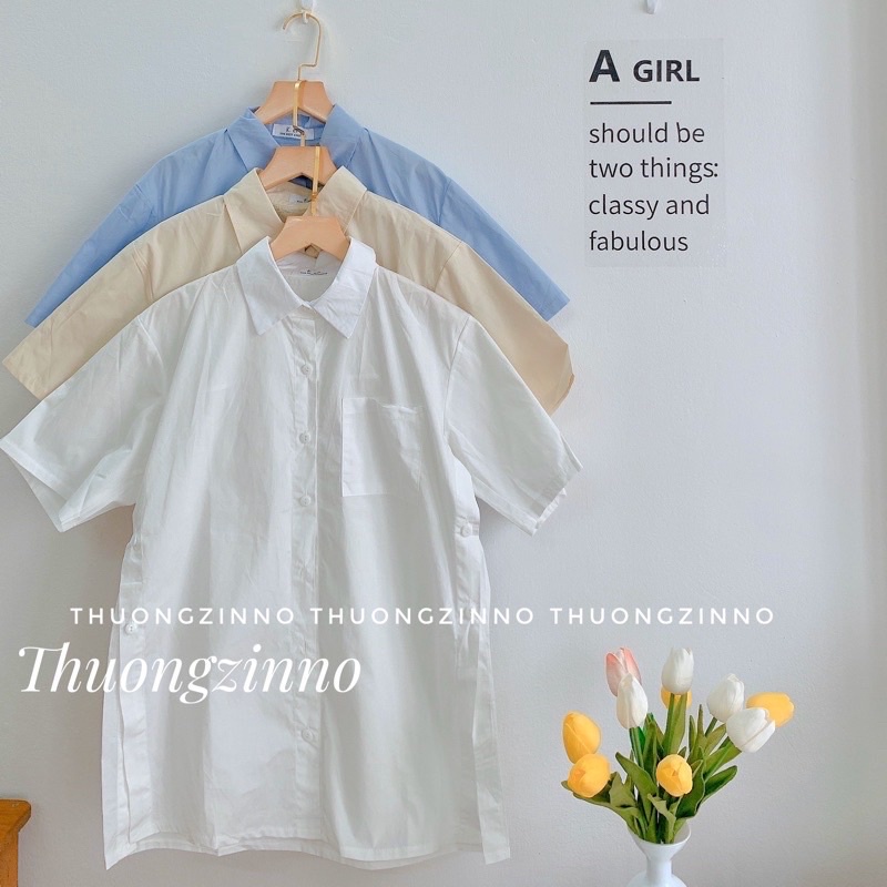 [Ảnh thật/Video]Áo Sơ Mi Ngắn Tay Xẻ Tà