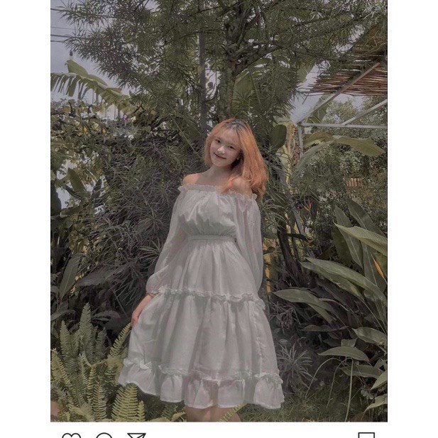 Váy trễ vai tay dài 3 tầng phối chun eo - Đầm trắng nữ bánh bèo tiểu thư, babydoll mặc đi biển đẹp hàn quốc ulzzang