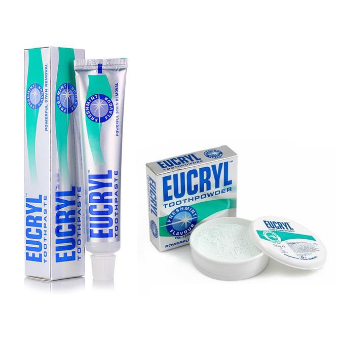 Combo Eucryl Bột đánh răng trắng sáng Toothpowder và Kem đánh răng trắng sáng Toothpaste tái tạo men răng