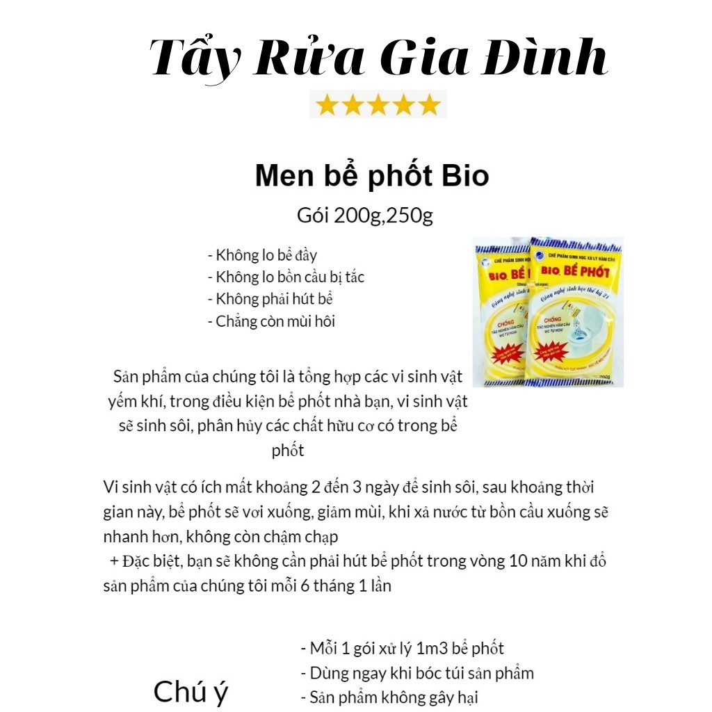 Men vi sinh, men xử lý bể phốt BIO gói 200g, chống hôi, chống đầy, chống tắc, không phải hút bể phốt