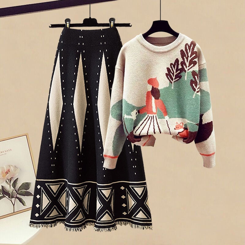 Bộ Áo Sweater + Chân Váy Dệt Kim Dáng Rộng Thời Trang Thu Đông 2022 Cho Nữ