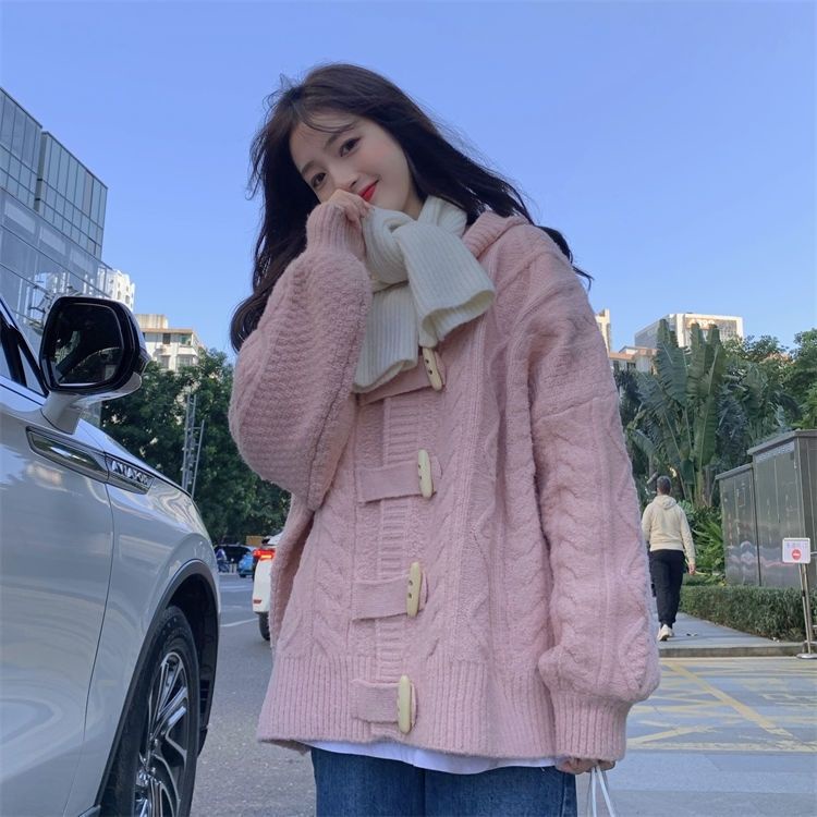 Áo Khoác Len Cardigan Có Nón Cài Nút Sừng Phong Cách Nhật Bản Thời Trang Thu Đông Mới