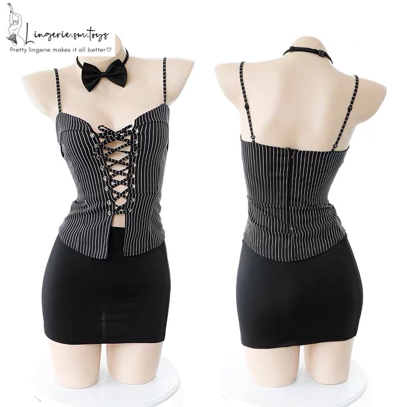 ME1421 - Set Áo Kẻ + Váy Zip Tôn 3 Vòng Gợi Cảm - Teacher Costume - Cosplay Thư Kí